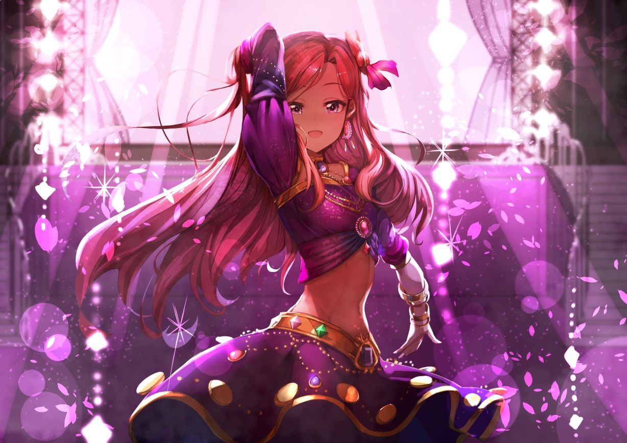 aikatsu!, kasumi_yozora, koruse, long_hair, navel, petals, purple_eyes