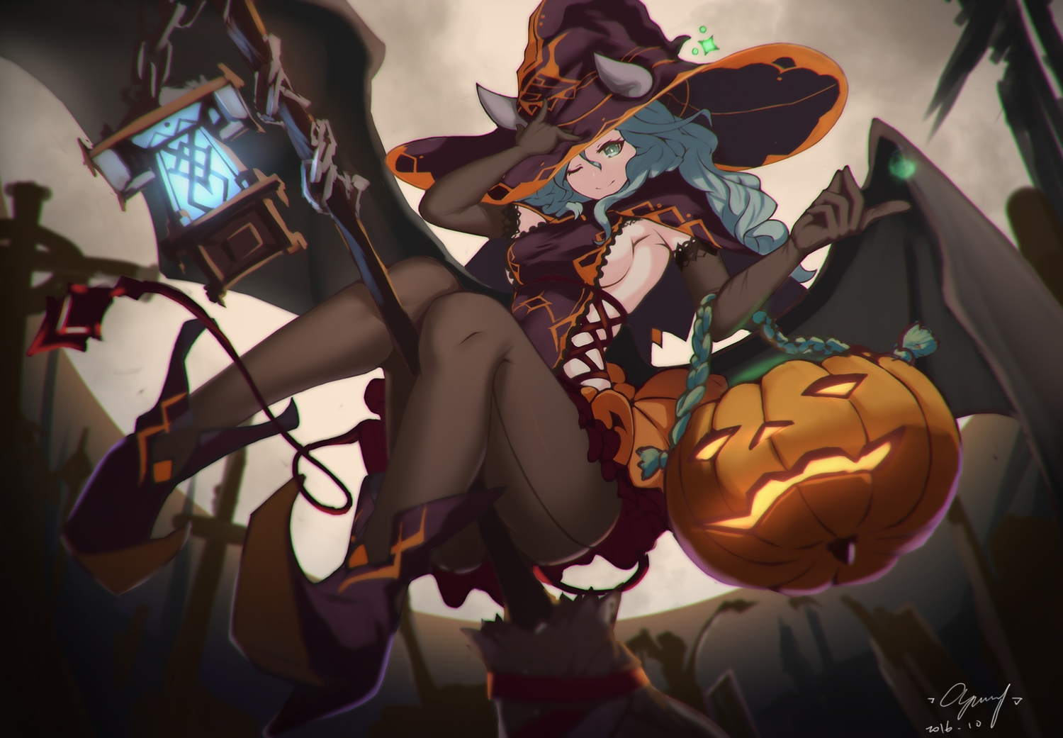 aqua_hair, breasts, cang_yue_xue_feng, elbow_gloves, gloves, green_eyes, halloween, hat, horns, long_hair, moon, night, original, pantyhose, pumpkin, sideboob, signed, witch_hat