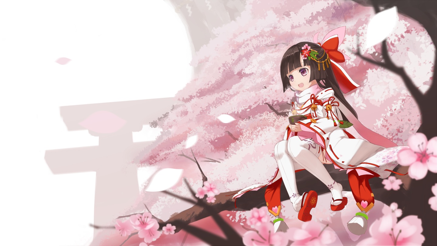 aliasing, bell, black_hair, bow, cang_yue_xue_feng, cherry_blossoms, flowers, loli