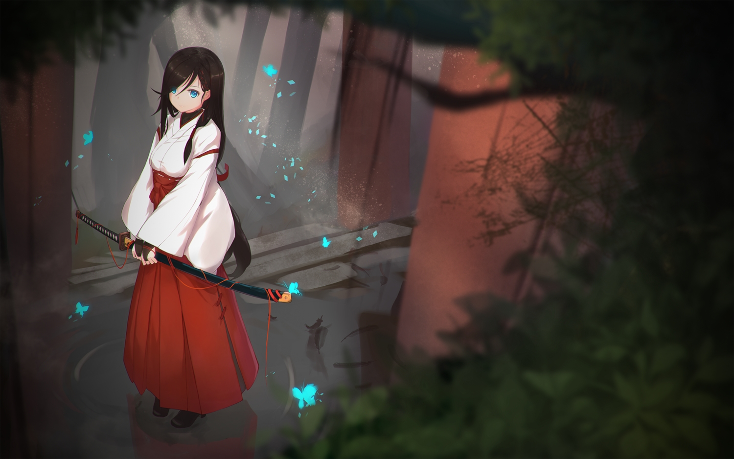 aqua_eyes, black_hair, braids, butterfly, cang_yue_xue_feng, forest, japanese_clothes, katana