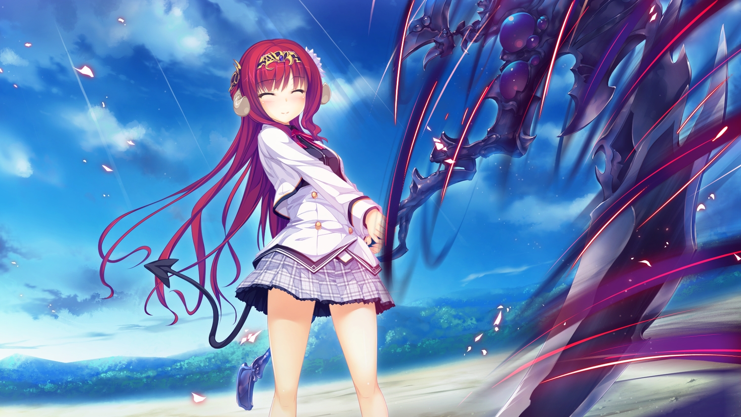 clouds, game_cg, headdress, horns, long_hair, red_hair, school_uniform, skirt