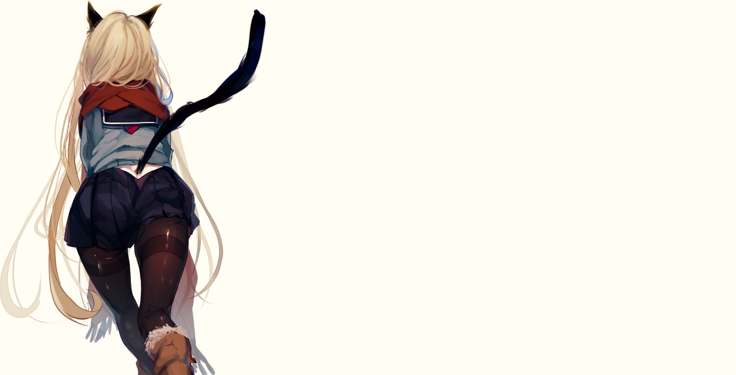 animal_ears, blonde_hair, catgirl, daimaou_ruaeru, long_hair, original, pantyhose, scarf, school_uniform, skirt, stockings
