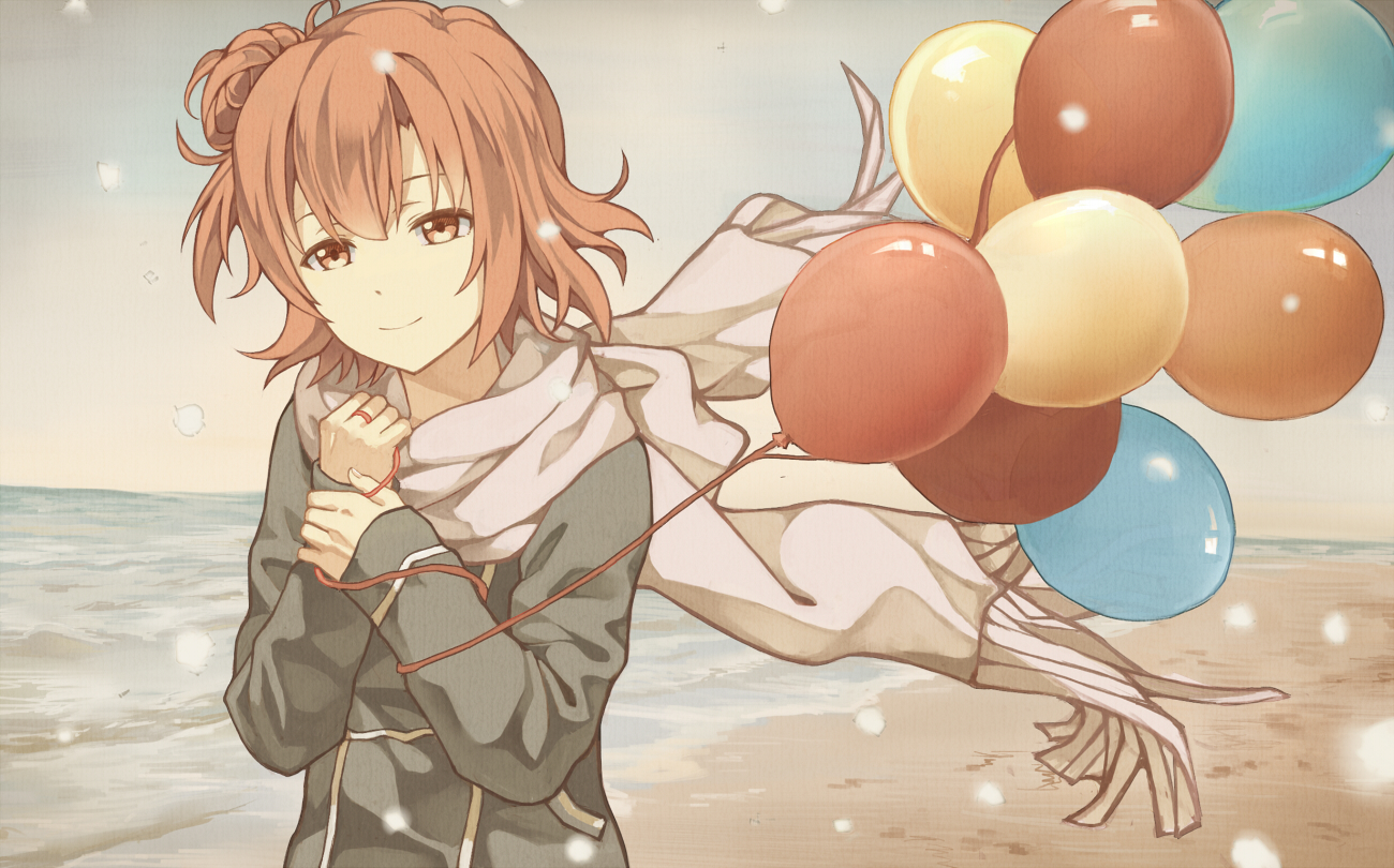 beach, cheese_kang, orange_eyes, orange_hair, scarf, short_hair, water, yahari_ore_no_seishun_love_come_wa_machigatteiru.