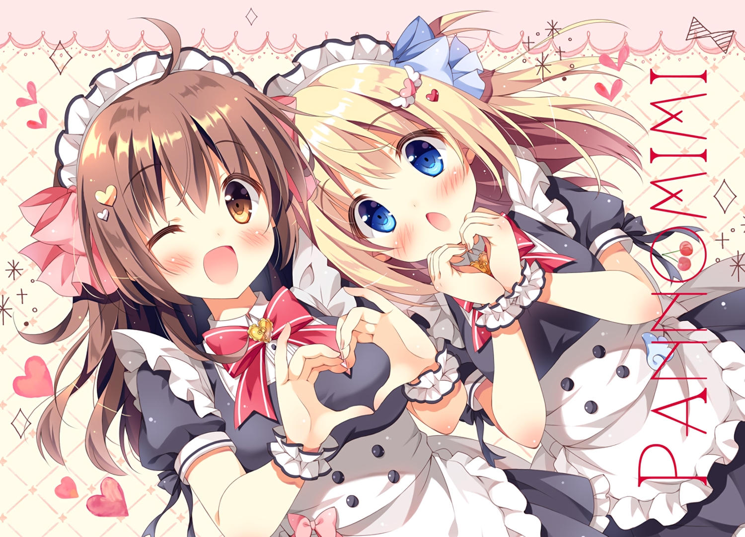 2girls, apron, aqua_eyes, blonde_hair, blush, bow, brown_eyes, brown_hair