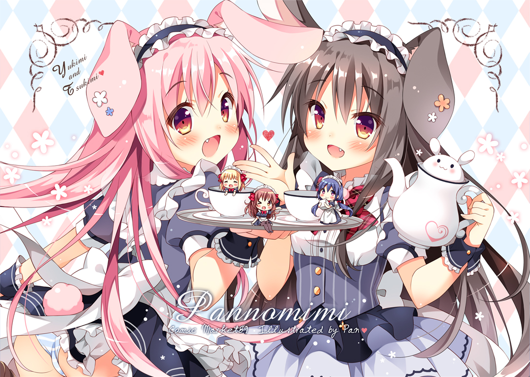 animal_ears, apron, ass, black_hair, blonde_hair, blue_hair, blush, bow