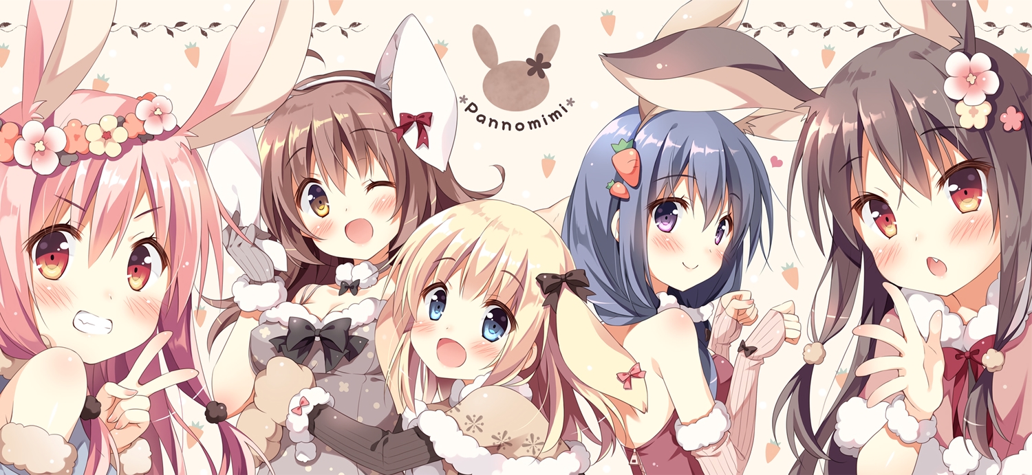 animal_ears, blonde_hair, blue_eyes, blue_hair, blush, bow, breasts, brown_eyes