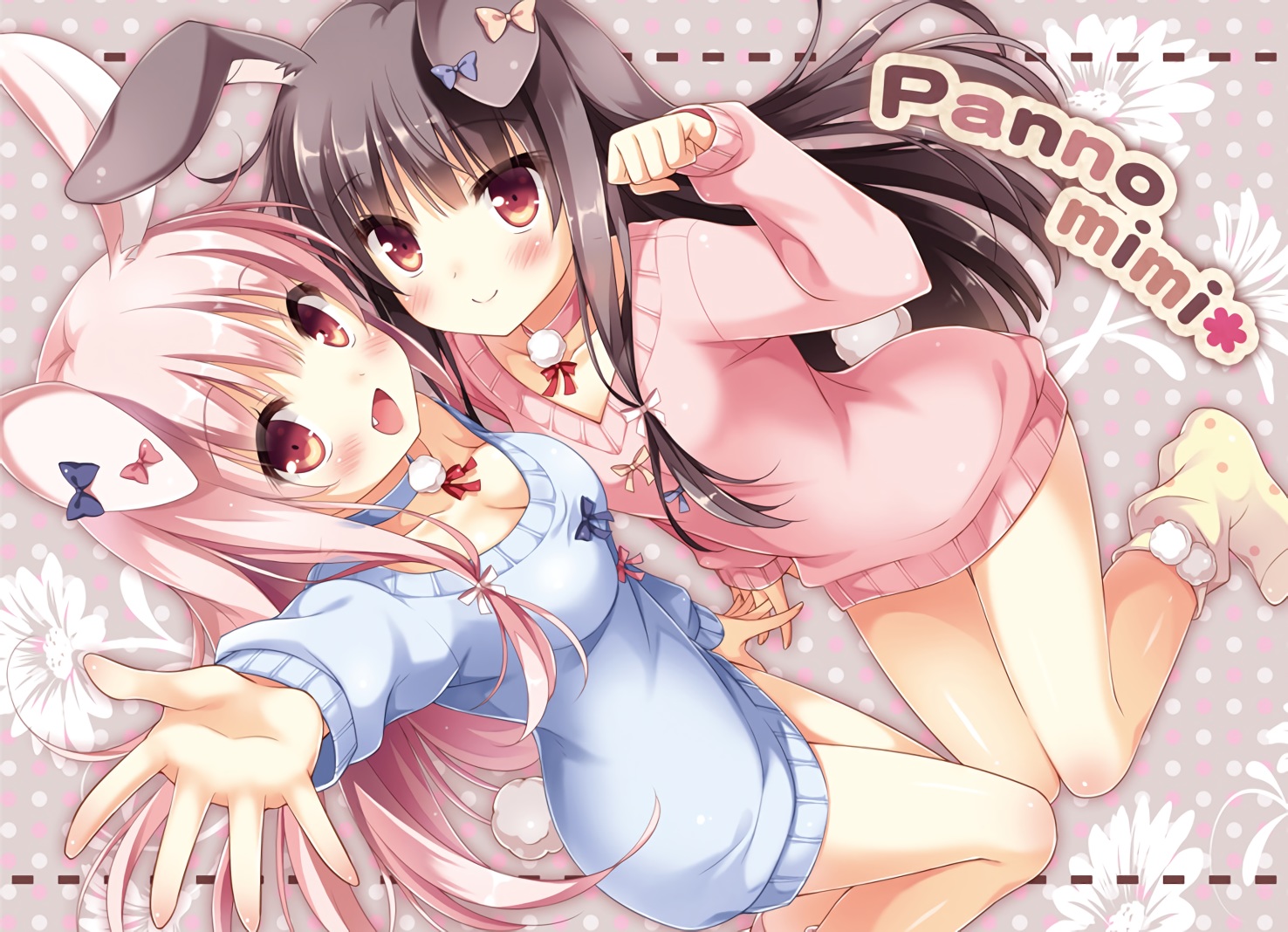 2girls, animal_ears, black_hair, blush, bow, breasts, bunny_ears, bunnygirl, choker, cleavage, fang, long_hair, original, pan_(mimi), pink_hair, red_eyes, socks, tail, tsukimi_(pan), waifu2x, watermark, yukimi_(pan)
