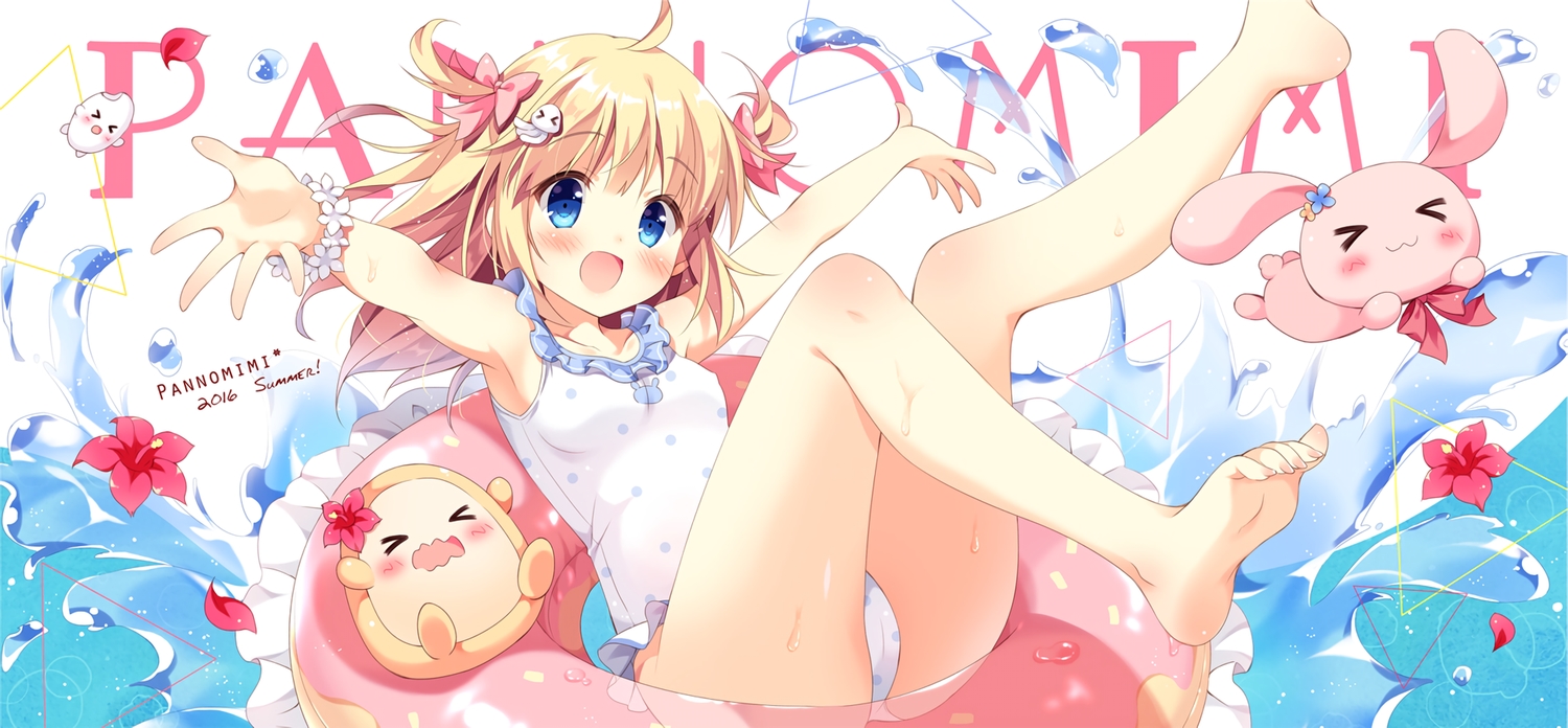aqua_eyes, blonde_hair, blush, cameltoe, cat_smile, erect_nipples, flowers, loli, original, pan_(mimi), swim_ring, swimsuit, ten-chan_(pan), twintails, waifu2x, water, watermark, wristwear