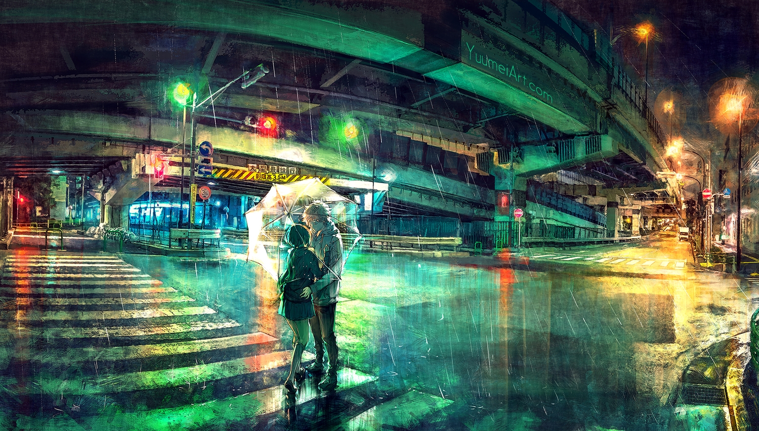aliasing, building, city, long_hair, male, original, rain, scenic