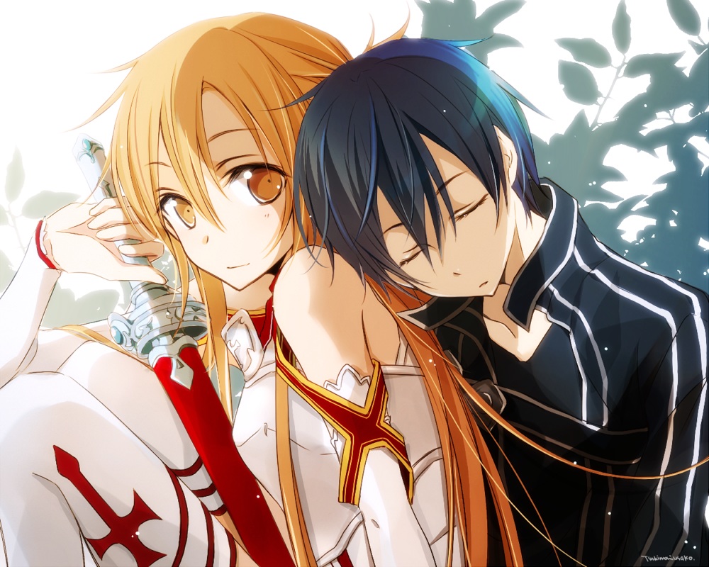 aliasing, armor, black_hair, blonde_hair, cropped, kirigaya_kazuto, long_hair, male, short_hair, signed, sword, sword_art_online, tsukimori_usako, weapon, yellow_eyes, yuuki_asuna