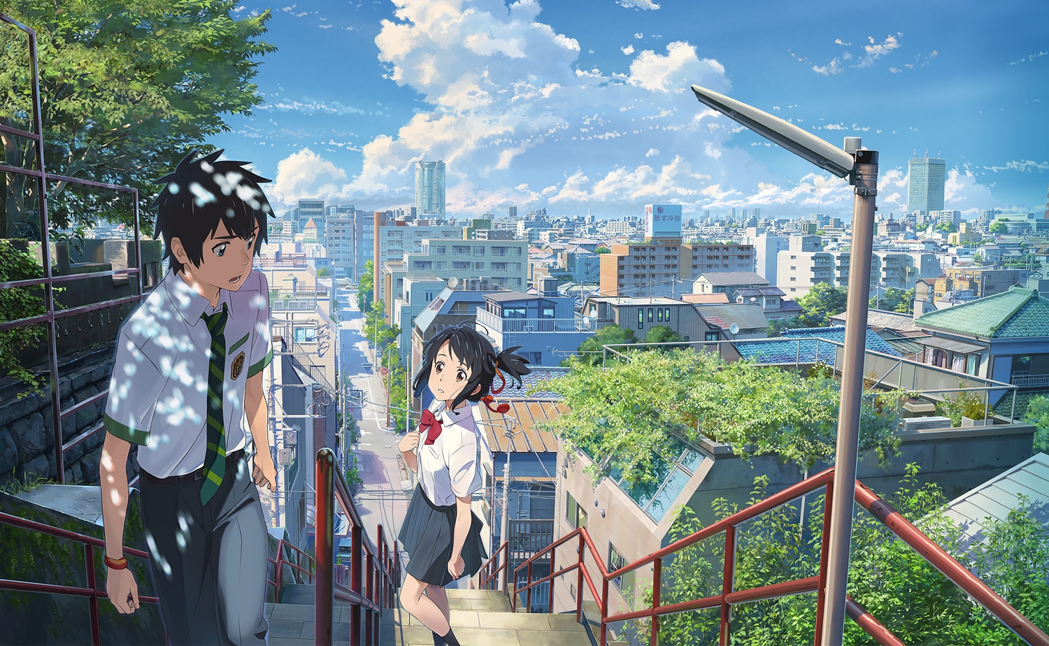 black_hair, blue_eyes, brown_eyes, building, city, clouds, kimi_no_na_wa, male, miyamizu_mitsuha, scenic, school_uniform, shinkai_makoto, short_hair, skirt, stairs, tachibana_taki, third-party_edit, tie