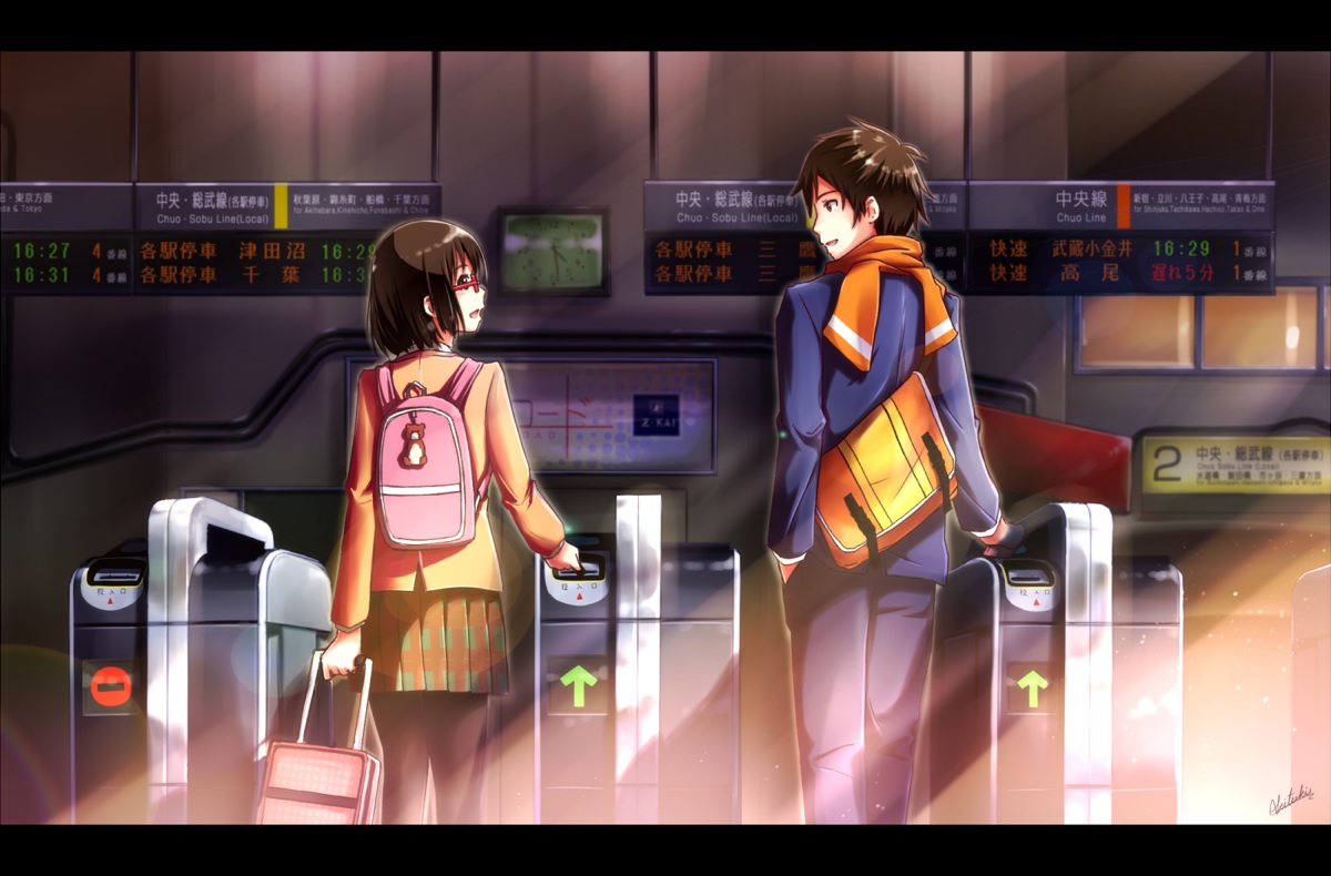 akizuki_rito, brown_eyes, brown_hair, glasses, male, miho_(cross_road), scarf, school_uniform