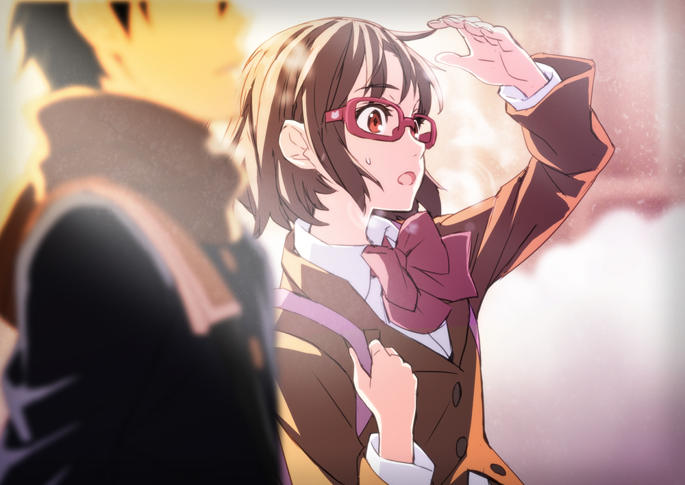 bow, brown_eyes, brown_hair, glasses, male, matsuryuu, miho_(cross_road), scarf, short_hair, shouta, z-kai:_cross_road