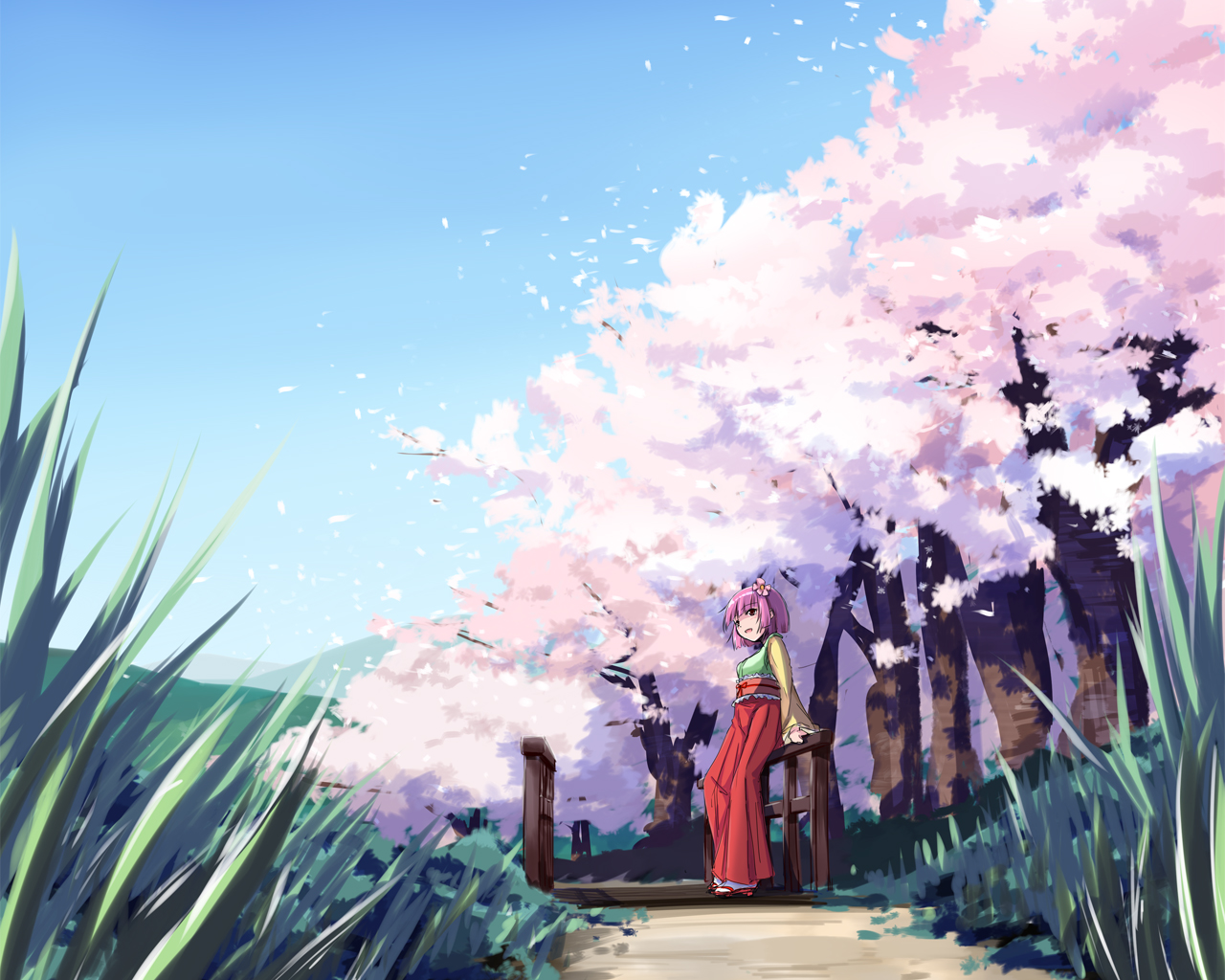 akizuki_rito, aliasing, bow, brown_eyes, cherry_blossoms, flowers, grass, hieda_no_akyuu, petals, pink_hair, short_hair, touhou, tree