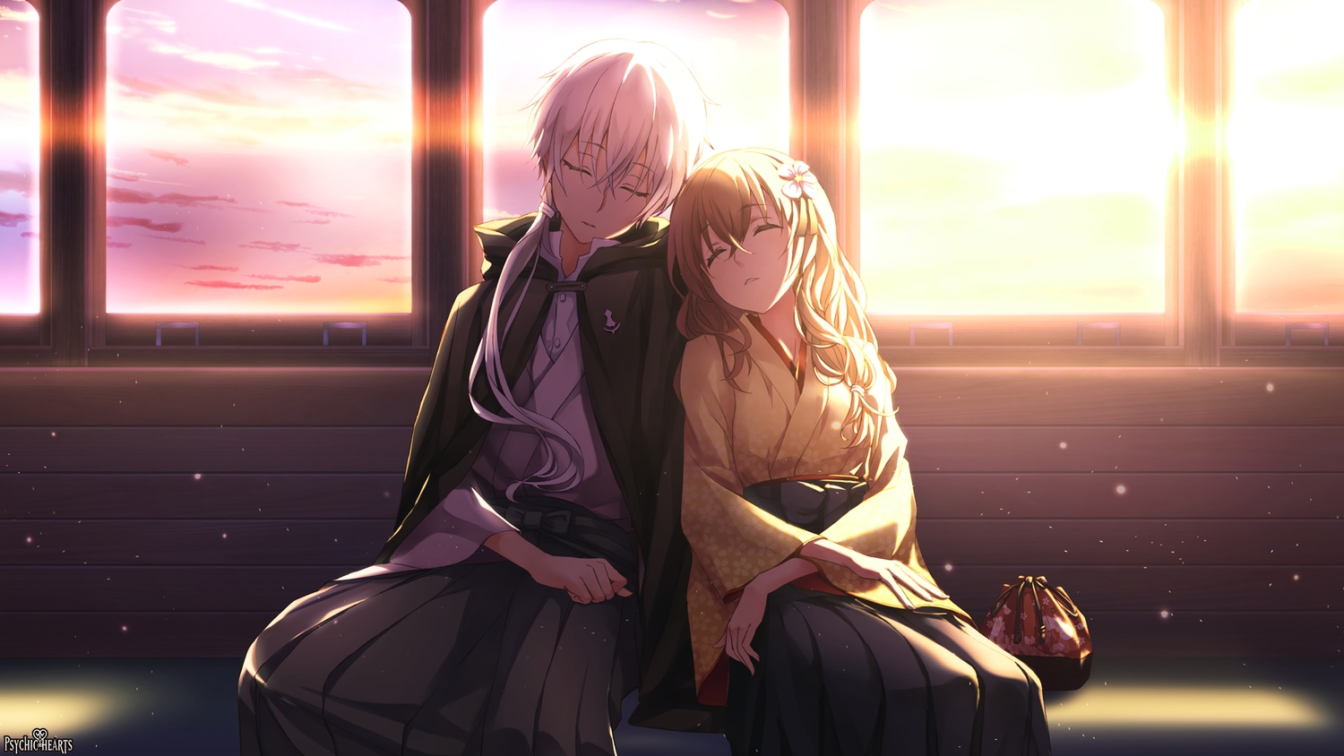 bow, brown_hair, cape, chi's_sweet_home, clouds, hood, japanese_clothes, kimono, logo, long_hair, male, ponytail, psychic_hearts, skirt, sky, sleeping, sunset, tagme_(character), tokumaru, white_hair