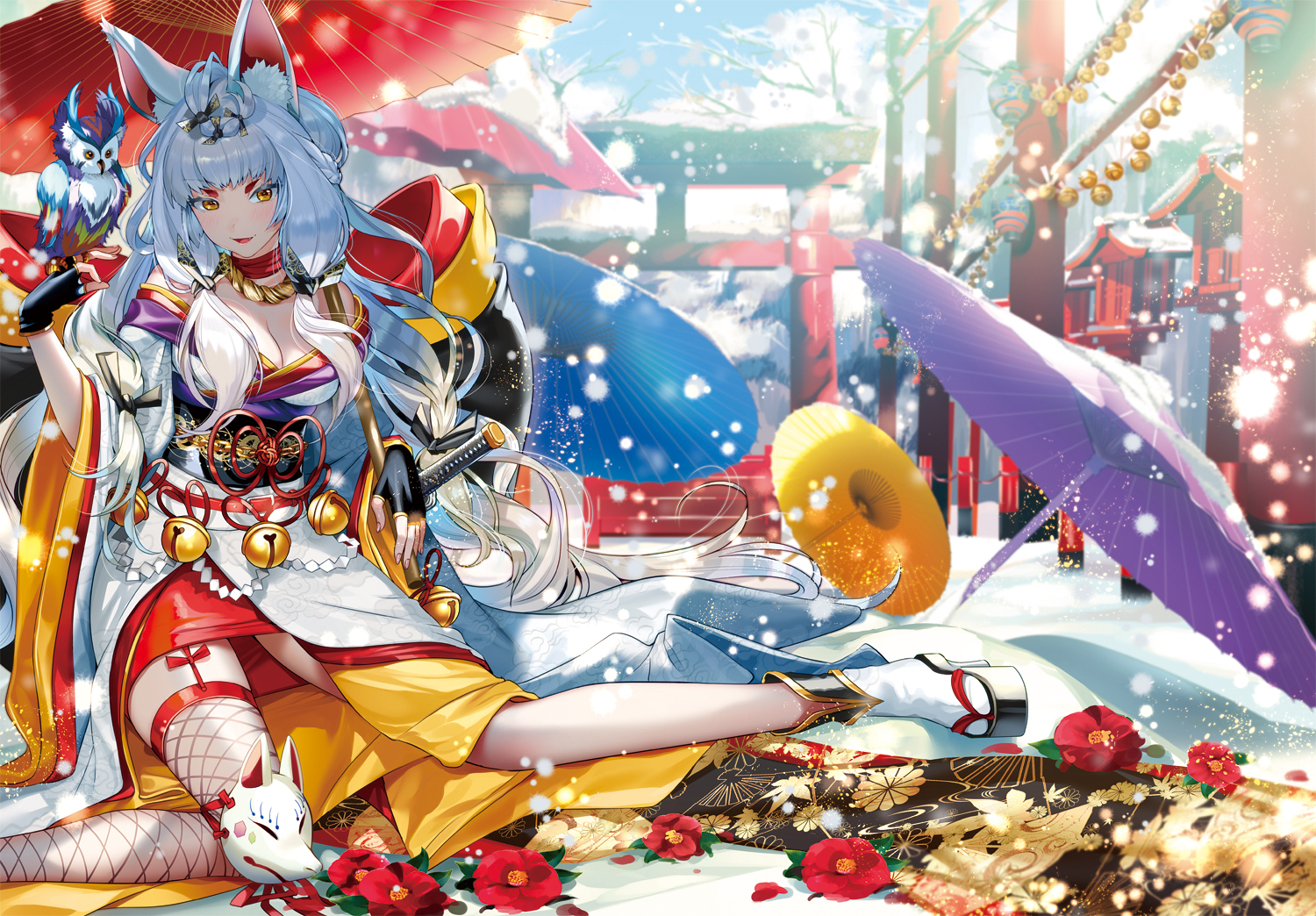 animal, animal_ears, bell, bird, blush, breasts, choker, cleavage, fang, flowers, foxgirl, garter_belt, gloves, japanese_clothes, katana, kimono, long_hair, mask, ogino_atsuki, original, owl, ribbons, rope, skirt, snow, socks, stockings, sword, thighhighs, torii, umbrella, weapon, white_hair, yellow_eyes