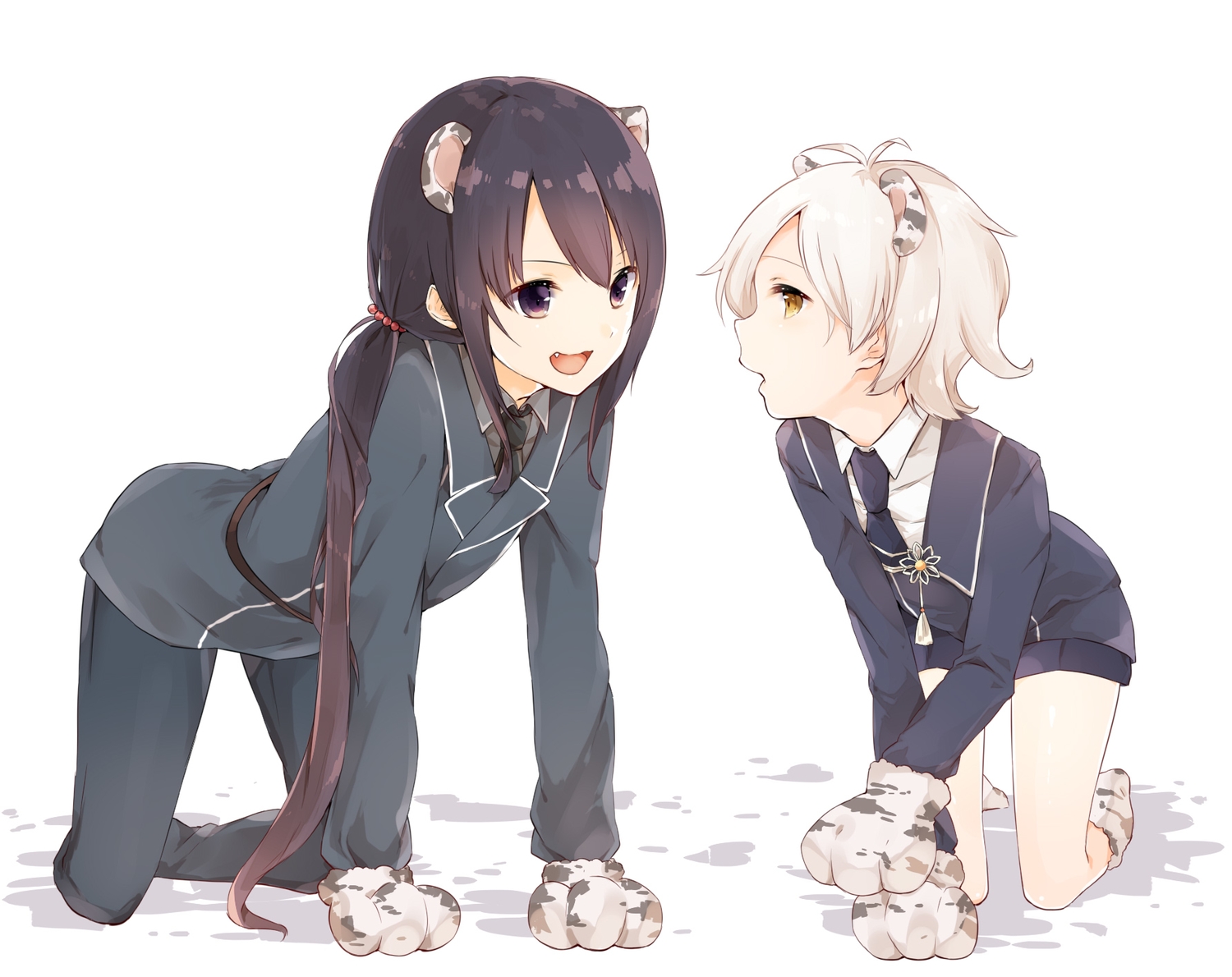 all_male, animal_ears, anthropomorphism, azuki_(krps-hano), black_hair, catboy, fang, gloves, gokotai, gray_hair, long_hair, male, namazuo_toushirou, ponytail, purple_eyes, short_hair, shorts, suit, tie, touken_ranbu, white, yellow_eyes