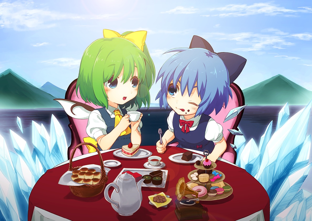 2girls, blue_eyes, blue_hair, blush, bow, candy, cirno, clouds