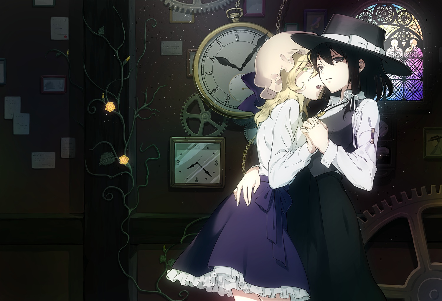 2girls, black_eyes, black_hair, blonde_hair, chain, dress, flowers, futoumeido, green_eyes, hat, hug, long_hair, maribel_han, ribbons, short_hair, shoujo_ai, touhou, usami_renko