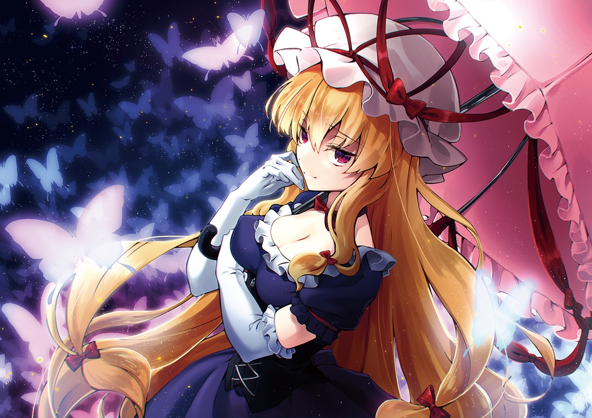 blonde_hair, bow, breasts, butterfly, cleavage, dress, elbow_gloves, futoumeido, gloves, hat, long_hair, purple_eyes, ribbons, touhou, umbrella, yakumo_yukari