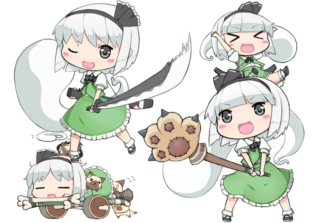 animal, blush, cat, chibi, gray_eyes, gunhato_denki, headband, katana, konpaku_youmu, myon, short_hair, skirt, socks, sword, touhou, weapon, white_hair, wink