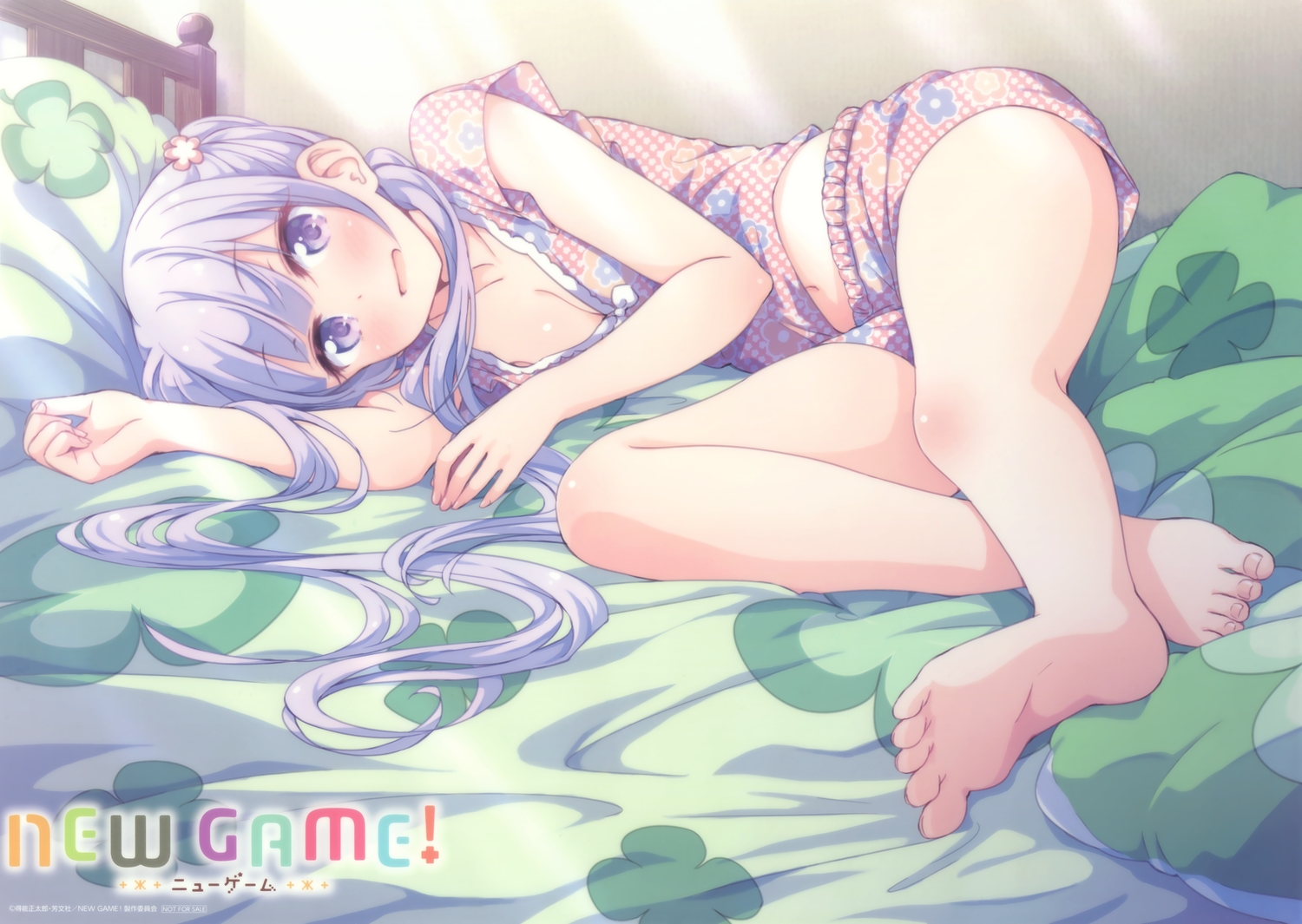 barefoot, bed, blush, breasts, cleavage, logo, long_hair, navel, new_game!, open_shirt, pajamas, purple_eyes, purple_hair, scan, shorts, suzukaze_aoba, tokunou_shoutarou