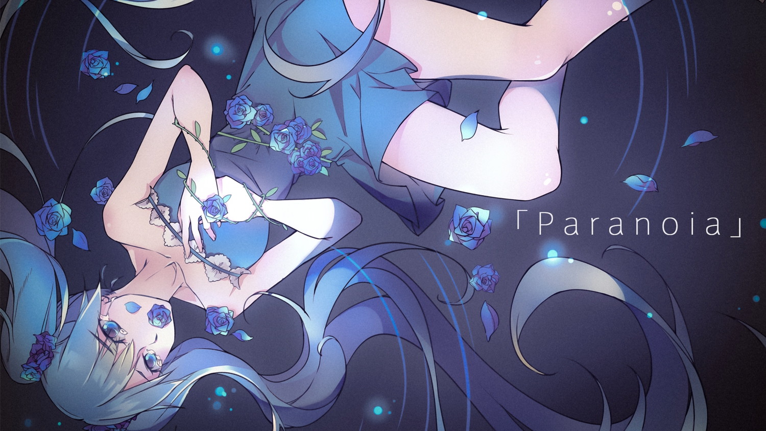 aqua_eyes, aqua_hair, dress, eggnivia, flowers, hatsune_miku, long_hair, petals, rose, summer_dress, twintails, vocaloid