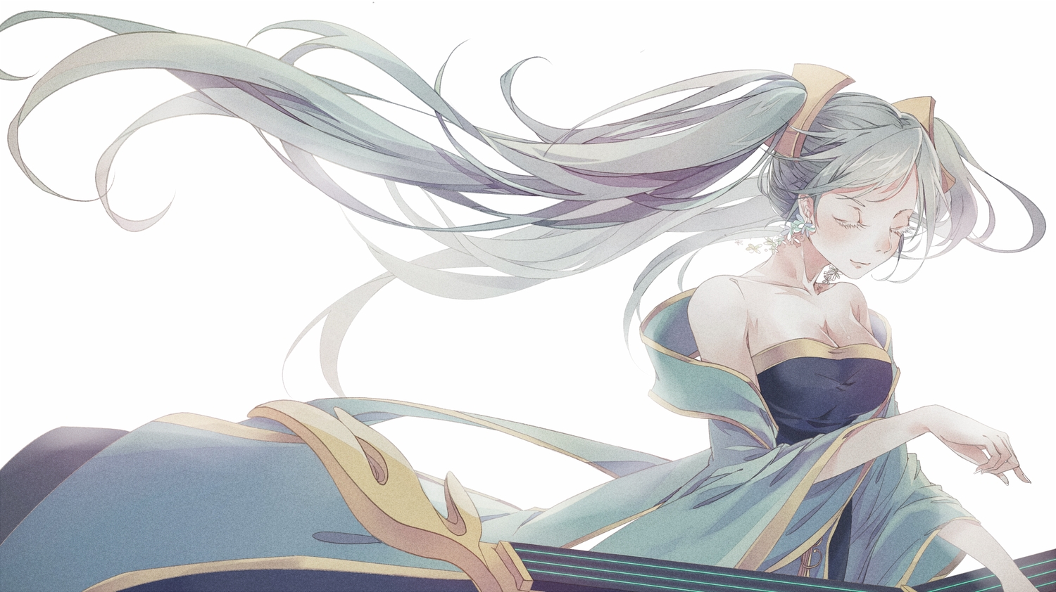 breasts, cleavage, dress, eggnivia, instrument, league_of_legends, long_hair, sona_buvelle