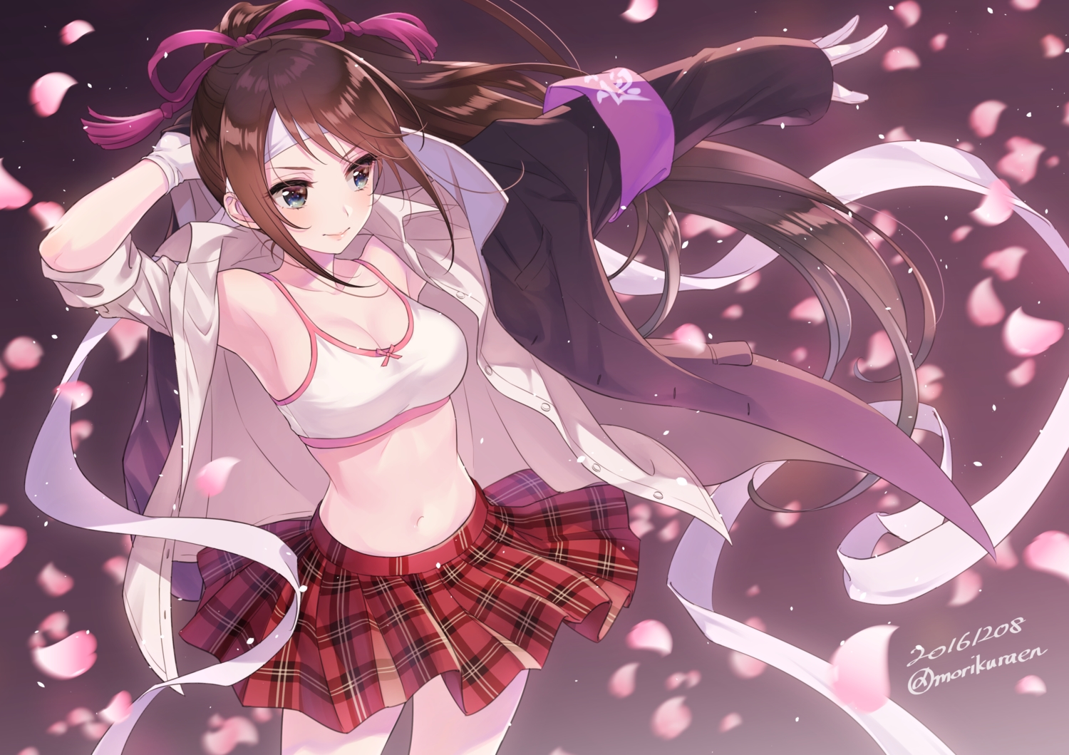 breasts, brown_hair, gloves, long_hair, morikura_en, navel, original, petals, ponytail, signed, skirt