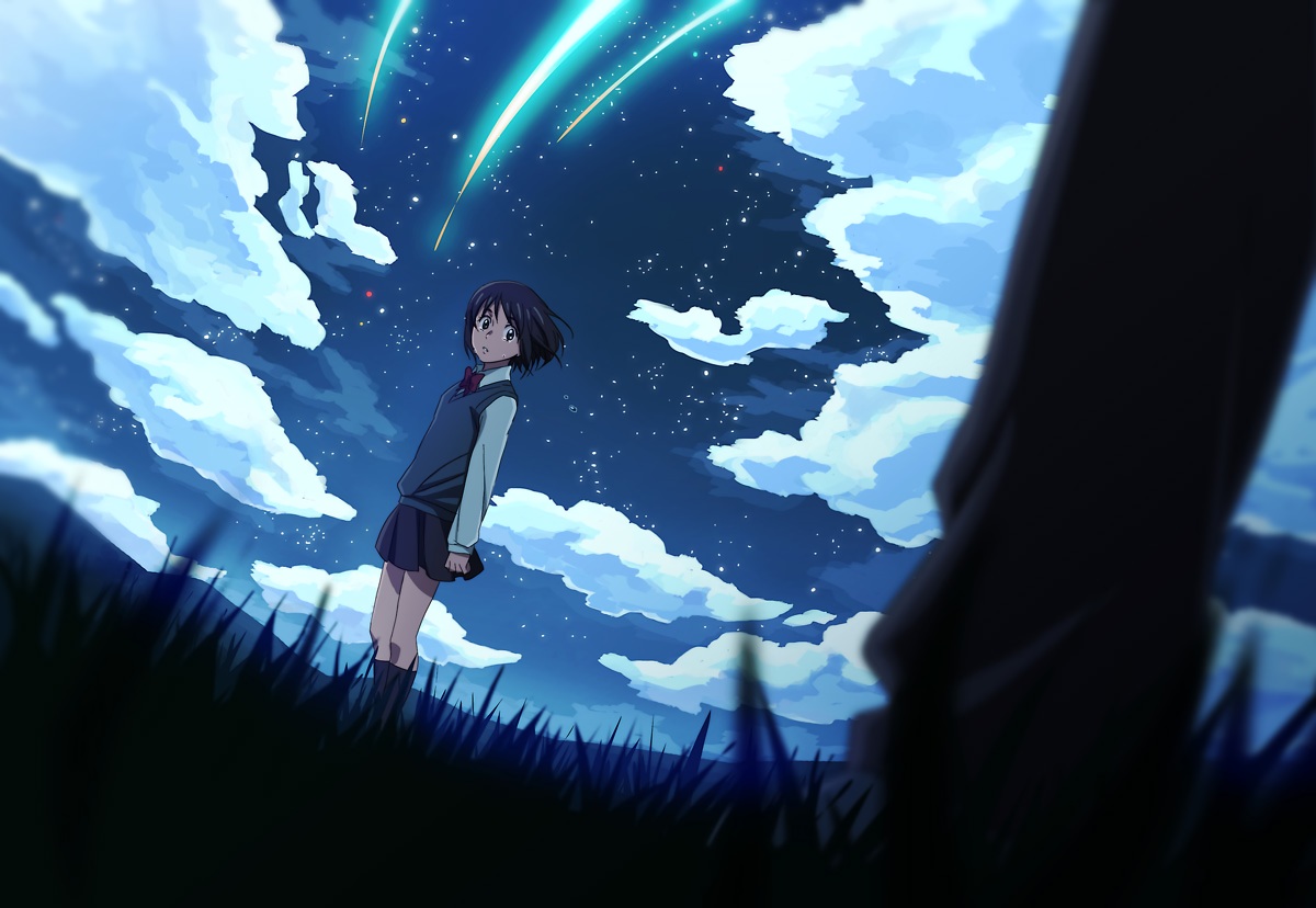 black_eyes, black_hair, bow, clouds, grass, kimi_no_na_wa, koitsu_(blue), miyamizu_mitsuha, school_uniform, short_hair, skirt, sky, stars