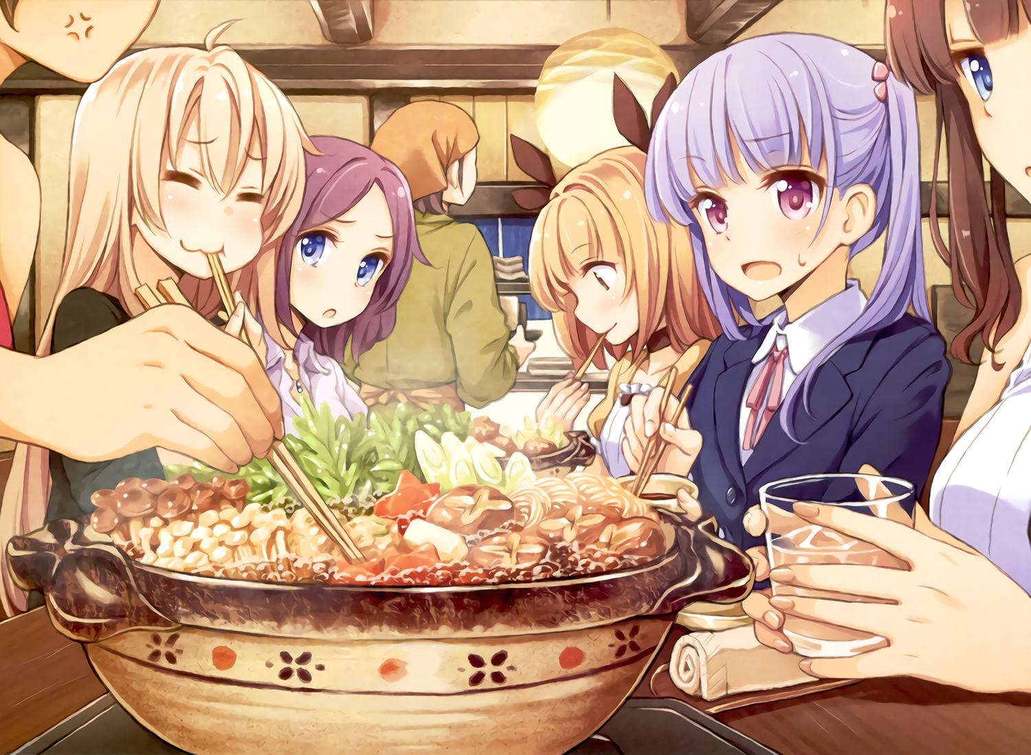 blonde_hair, food, group, iijima_yun, new_game!, purple_hair, scan, shinoda_hajime