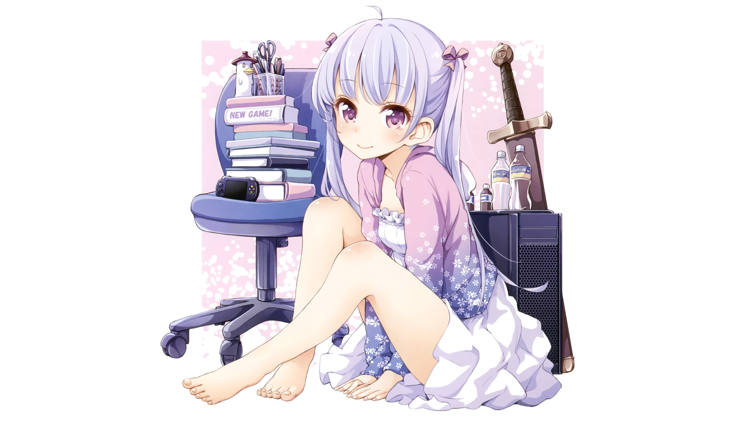 barefoot, book, dress, long_hair, new_game!, purple_eyes, purple_hair, scan