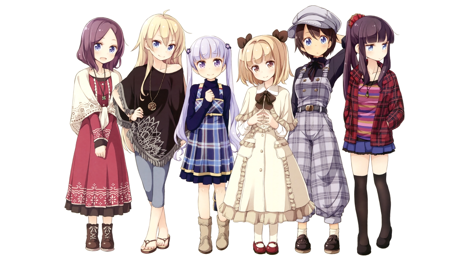 black_hair, blonde_hair, dress, group, iijima_yun, lolita_fashion, new_game!, purple_hair