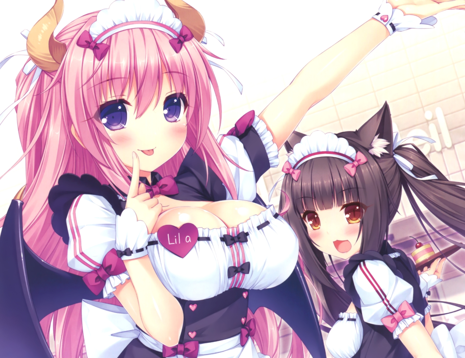 2girls, animal_ears, black_hair, boku_to_koi_suru_ponkotsu_akuma, breasts, brown_eyes, catgirl, chocola_(sayori)