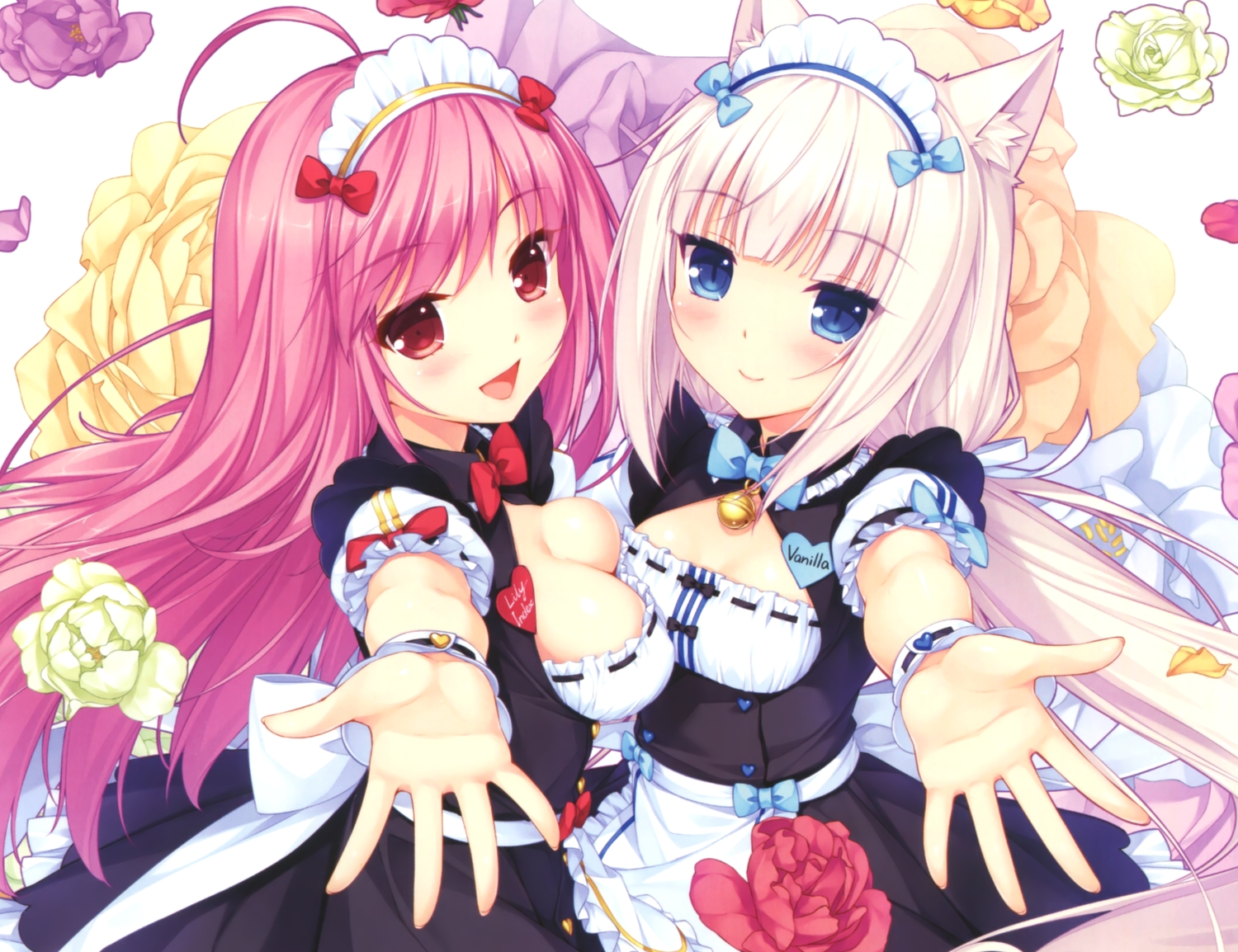 2girls, animal_ears, blue_eyes, breasts, catgirl, cleavage, cropped, lily_index, long_hair, maid, nekopara, neko_works, pink_hair, red_eyes, sayori, scan, vanilla_(sayori), white_hair