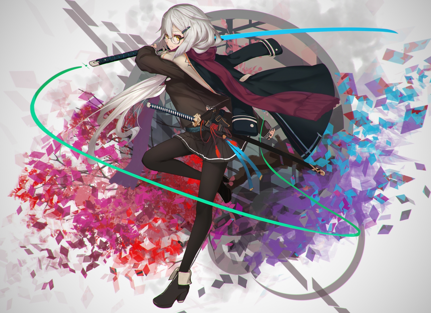 cang_yue_xue_feng, glasses, gray_hair, long_hair, original, pantyhose, ribbons, scarf, skirt, sword, weapon, yellow_eyes