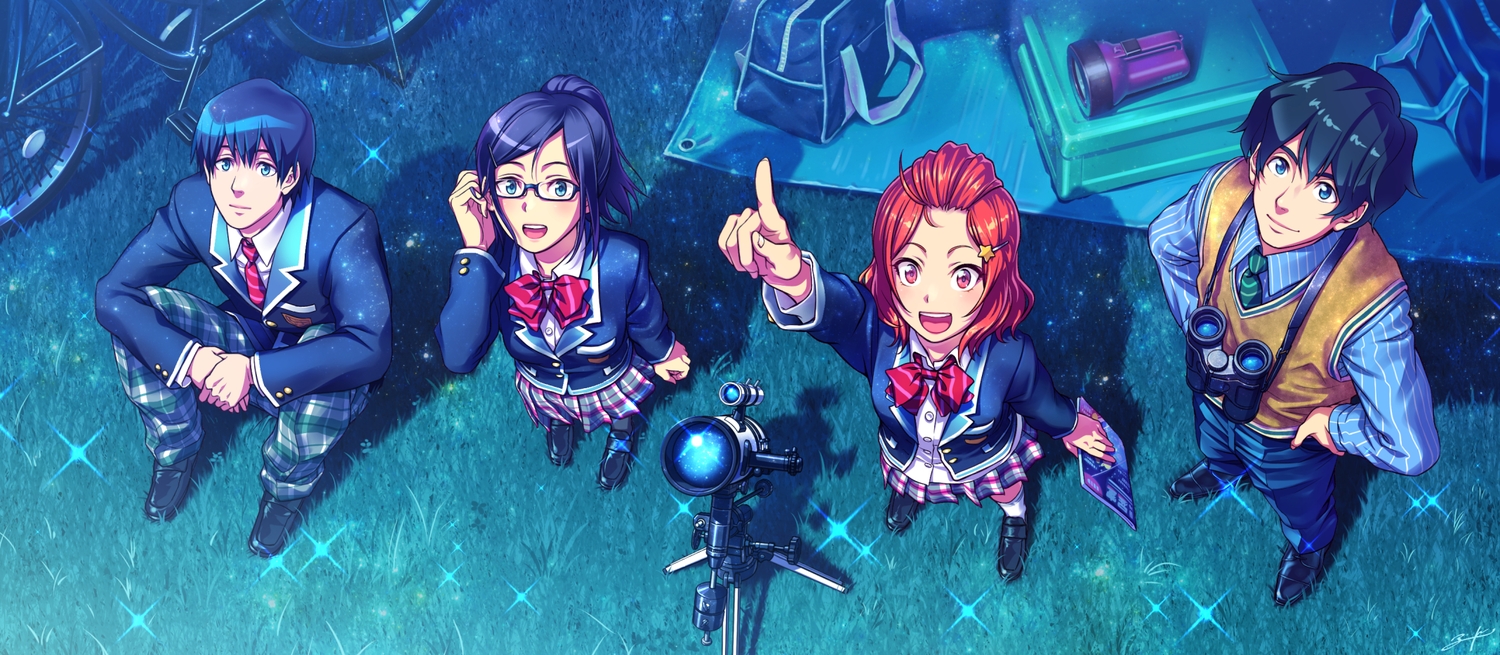 aqua_eyes, bicycle, black_hair, book, bow, glasses, grass, group