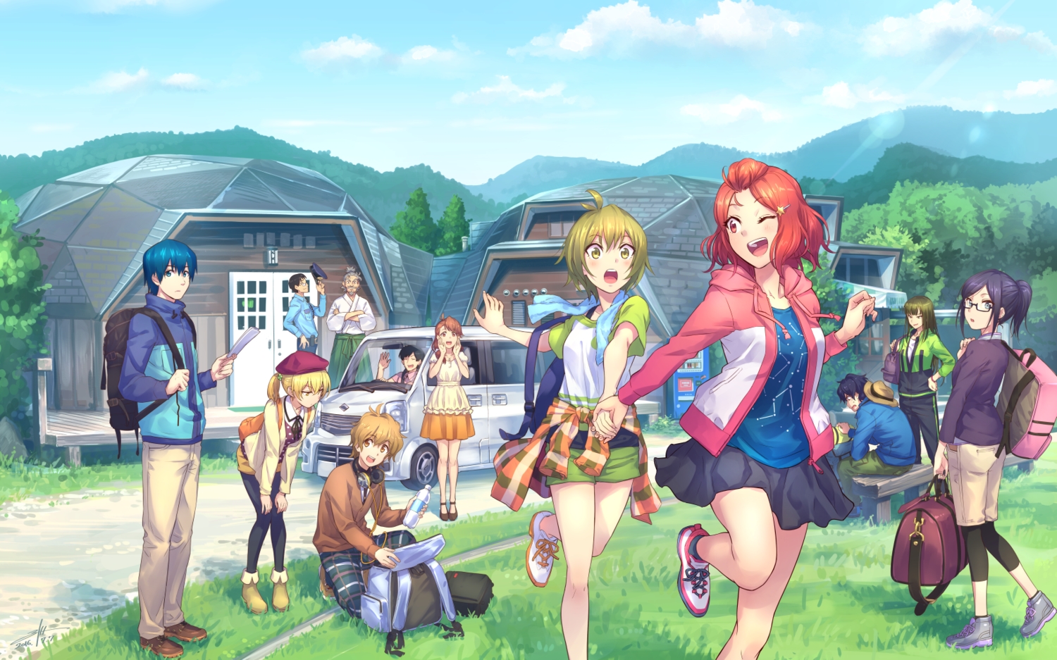 aliasing, blonde_hair, blue_eyes, blue_hair, blush, brown_eyes, brown_hair, clouds