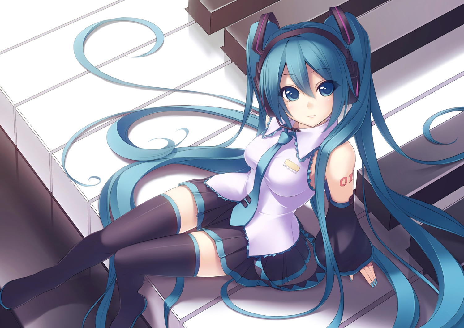 aqua_eyes, aqua_hair, breasts, garuku, hatsune_miku, headphones, long_hair, skirt