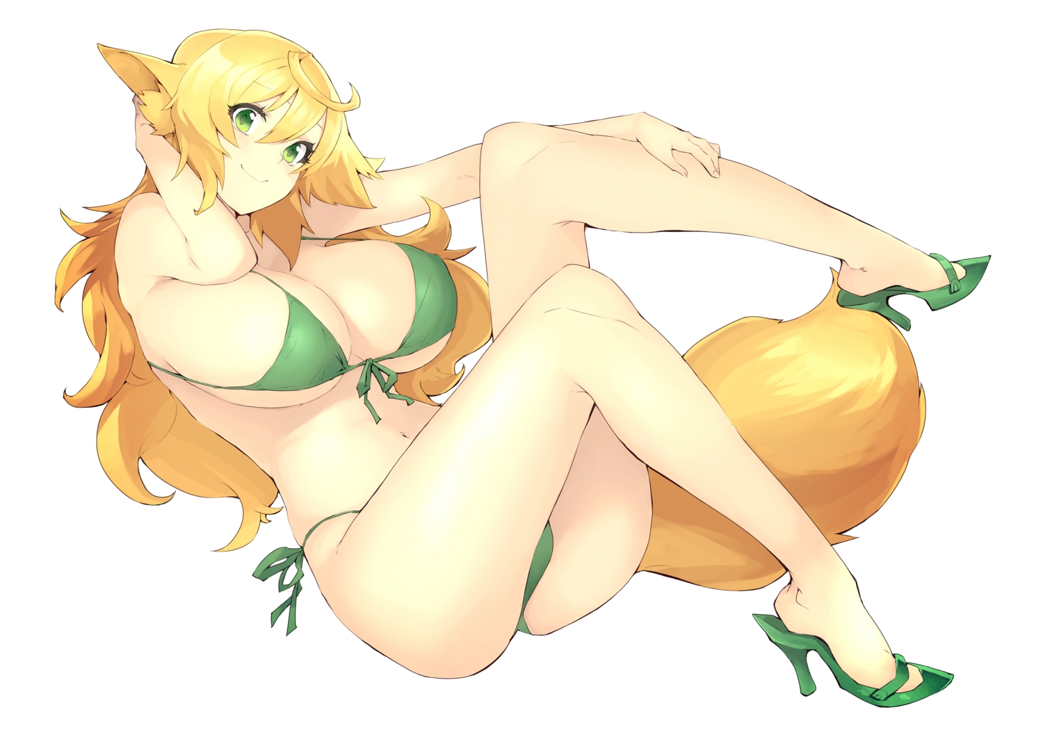 angelo_(gomahangetsu), animal_ears, bikini, blonde_hair, blue_eyes, breasts, cleavage, foxgirl, green_eyes, kaori-san_(angelo), long_hair, orange_hair, original, panties, ponytail, swimsuit, tail, underwear