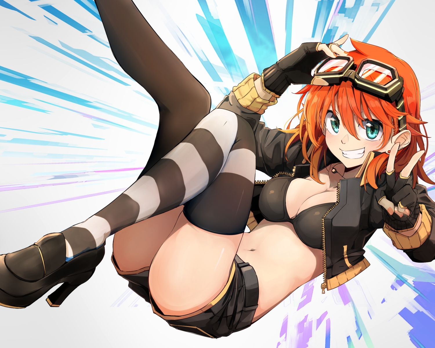 aliasing, amano_tora, blush, breasts, cleavage, cropped, gloves, goggles, green_eyes, kazenoko, navel, orange_hair, original, short_hair, shorts