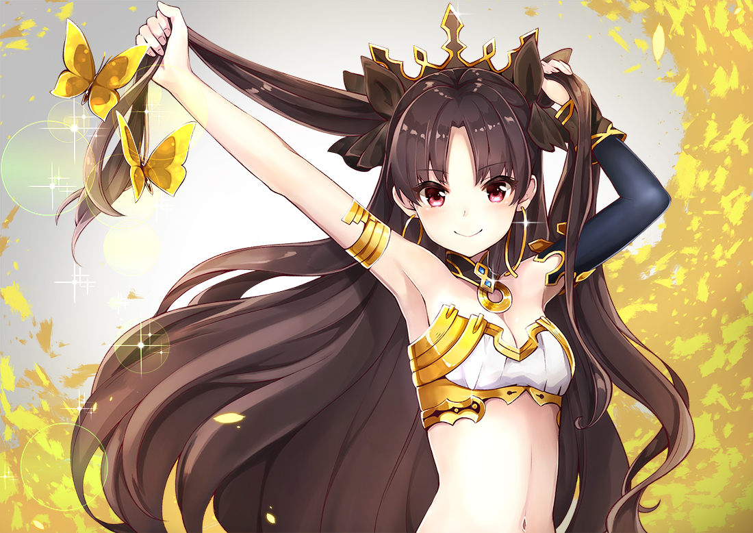 black_hair, breasts, butterfly, cleavage, elbow_gloves, fate/grand_order, fate_(series), gloves, ishtar_(fate/grand_order), long_hair, navel, pilokey