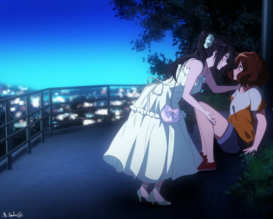 2girls, aliasing, hibike!_euphonium, kousaka_reina, oumae_kumiko, sbel02, signed