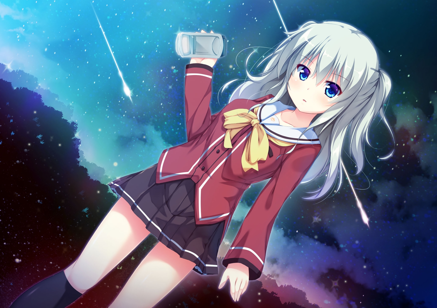 blue_eyes, camera, charlotte, gray_hair, kusunoki_goya, long_hair, night, school_uniform