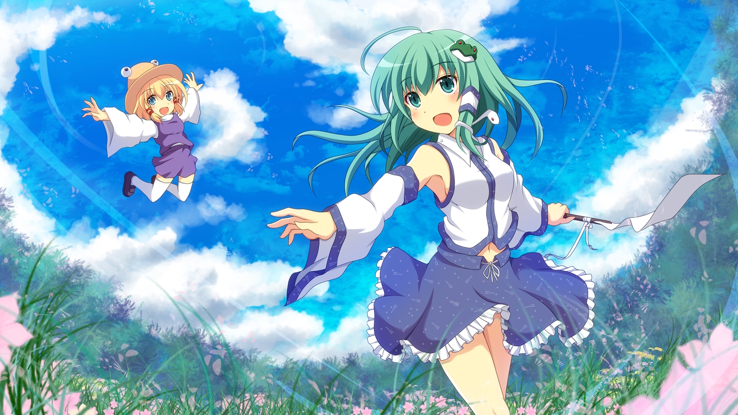 2girls, blonde_hair, blue_eyes, blush, clouds, cross_(crossryou), green_eyes, green_hair