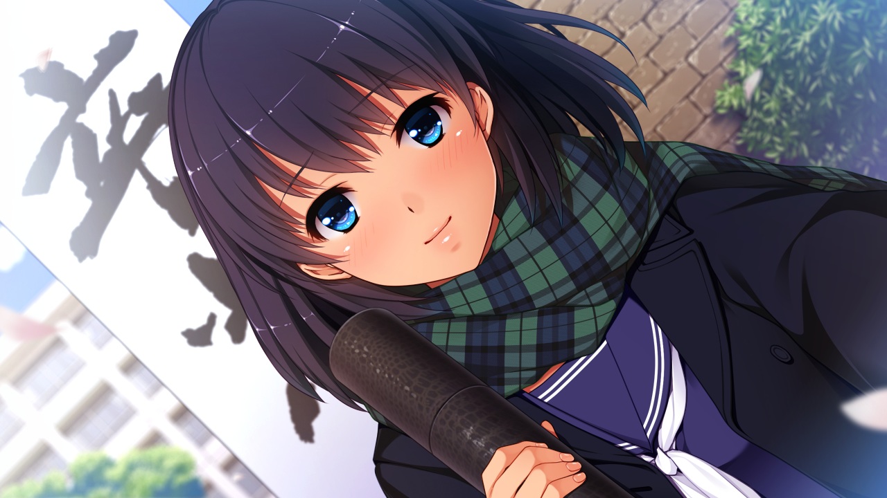 black_hair, blue_eyes, blush, enkou_shoujo, game_cg, kawaragi_yuuki, koizumi_amane, scarf