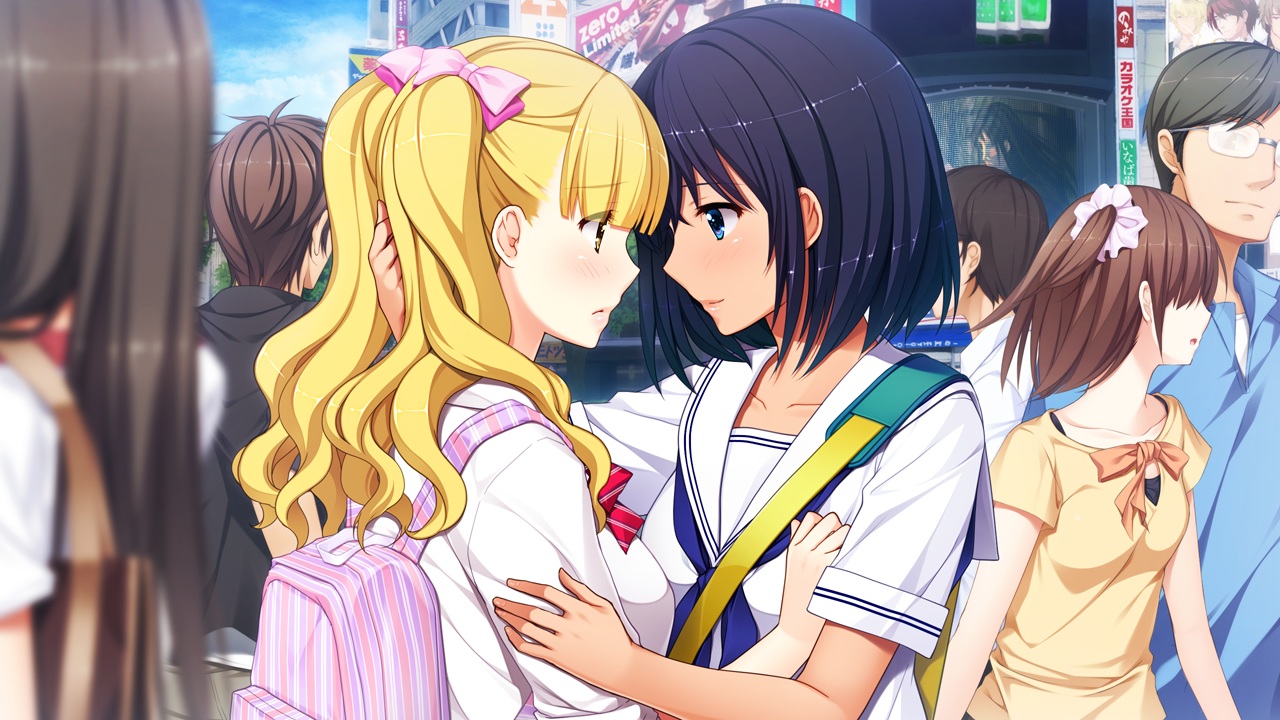 black_hair, blue_eyes, blush, bow, brown_hair, enkou_shoujo, game_cg, glasses, kawaragi_yuuki, koizumi_amane, long_hair, male, mitsuki_mako, school_uniform, short_hair, twintails, yellow_eyes