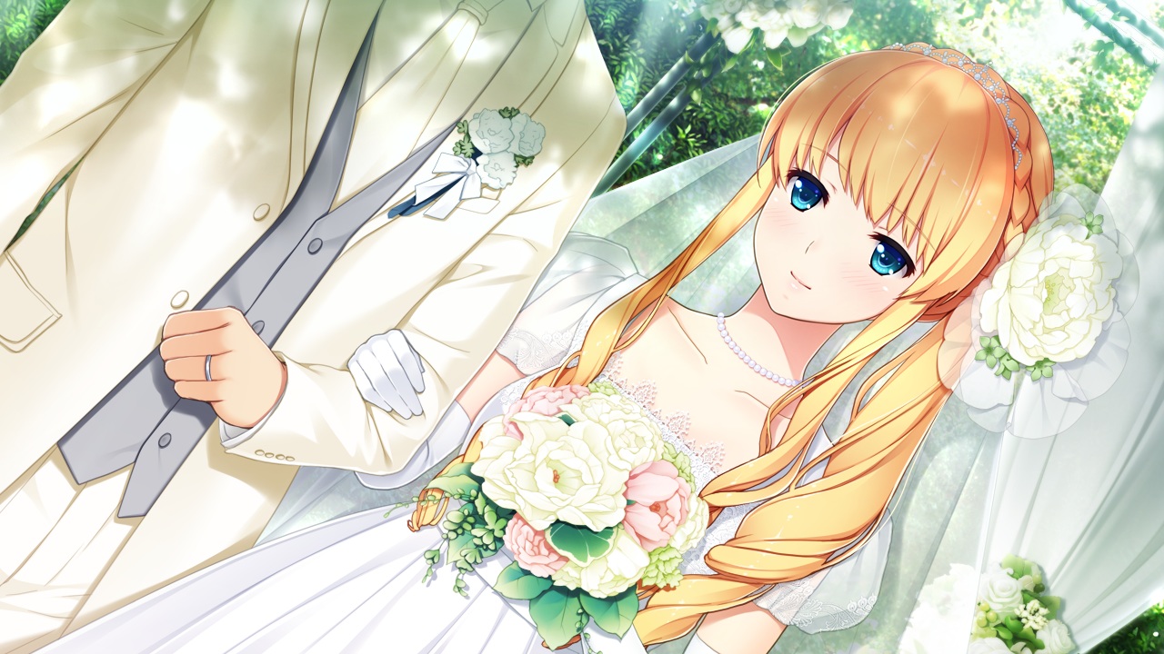 aqua_eyes, bethly_rose_daisley, blonde_hair, blush, braids, dress, elbow_gloves, flowers, game_cg, gin'iro_haruka, gloves, headband, koizumi_amane, long_hair, male, necklace, tie, wedding, wedding_attire