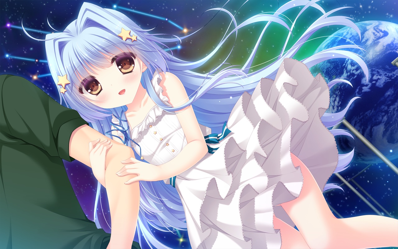 blue_hair, blush, brown_eyes, chuunibyou_na_kanojo_no_love_equation, dress, game_cg, hoshino_spica, loli
