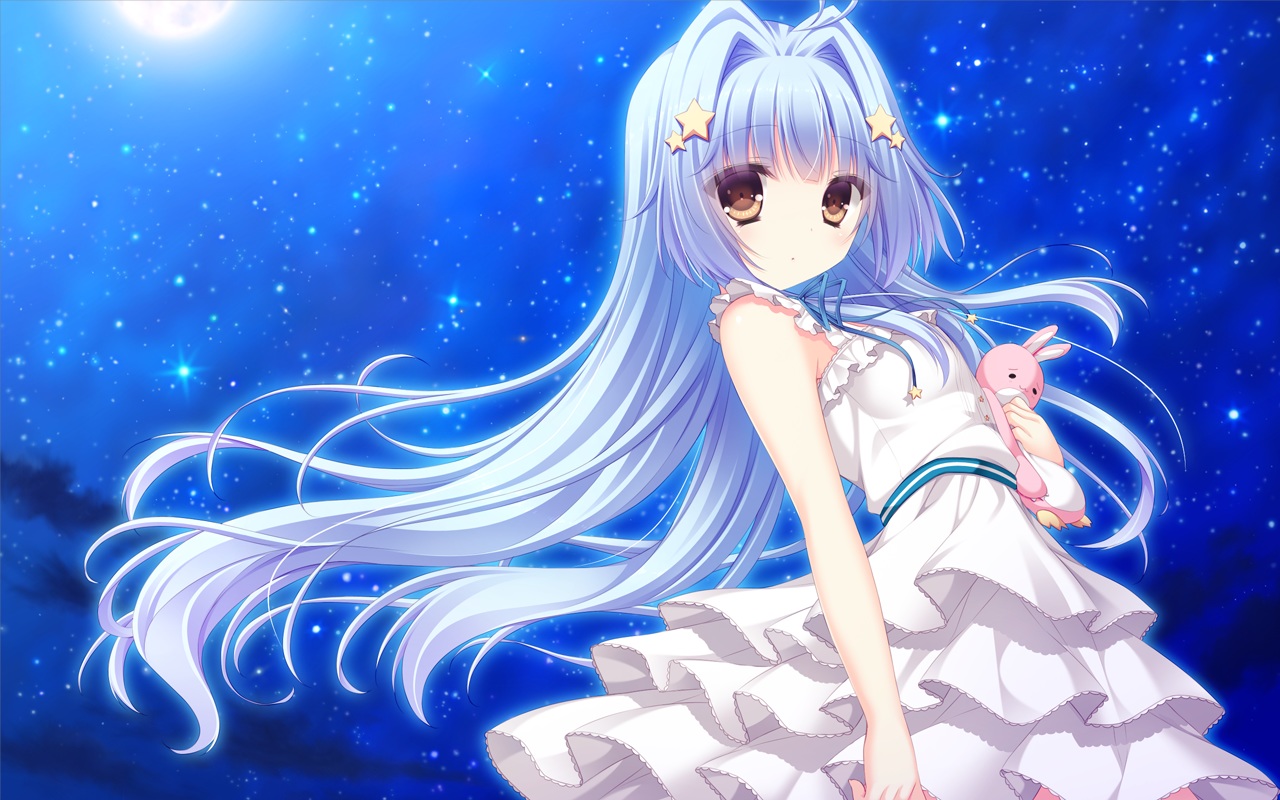 blue_hair, brown_eyes, chuunibyou_na_kanojo_no_love_equation, dress, game_cg, hoshino_spica, loli, long_hair, moon, night, peassoft, ribbons, stars, summer_dress, yukie
